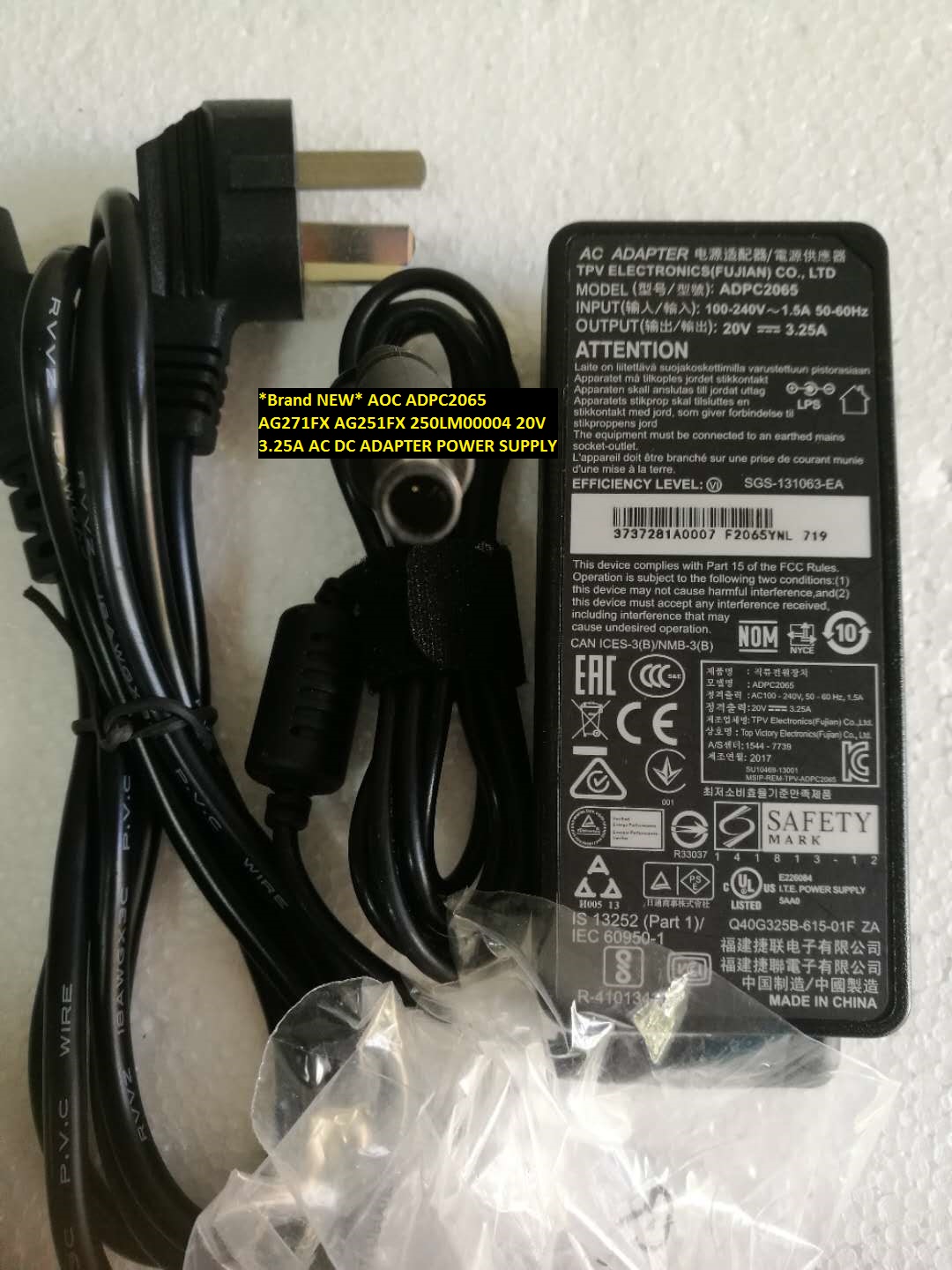 *Brand NEW*250LM00004 AG271FX AG251FX AOC ADPC2065 20V 3.25A AC DC ADAPTER POWER SUPPLY